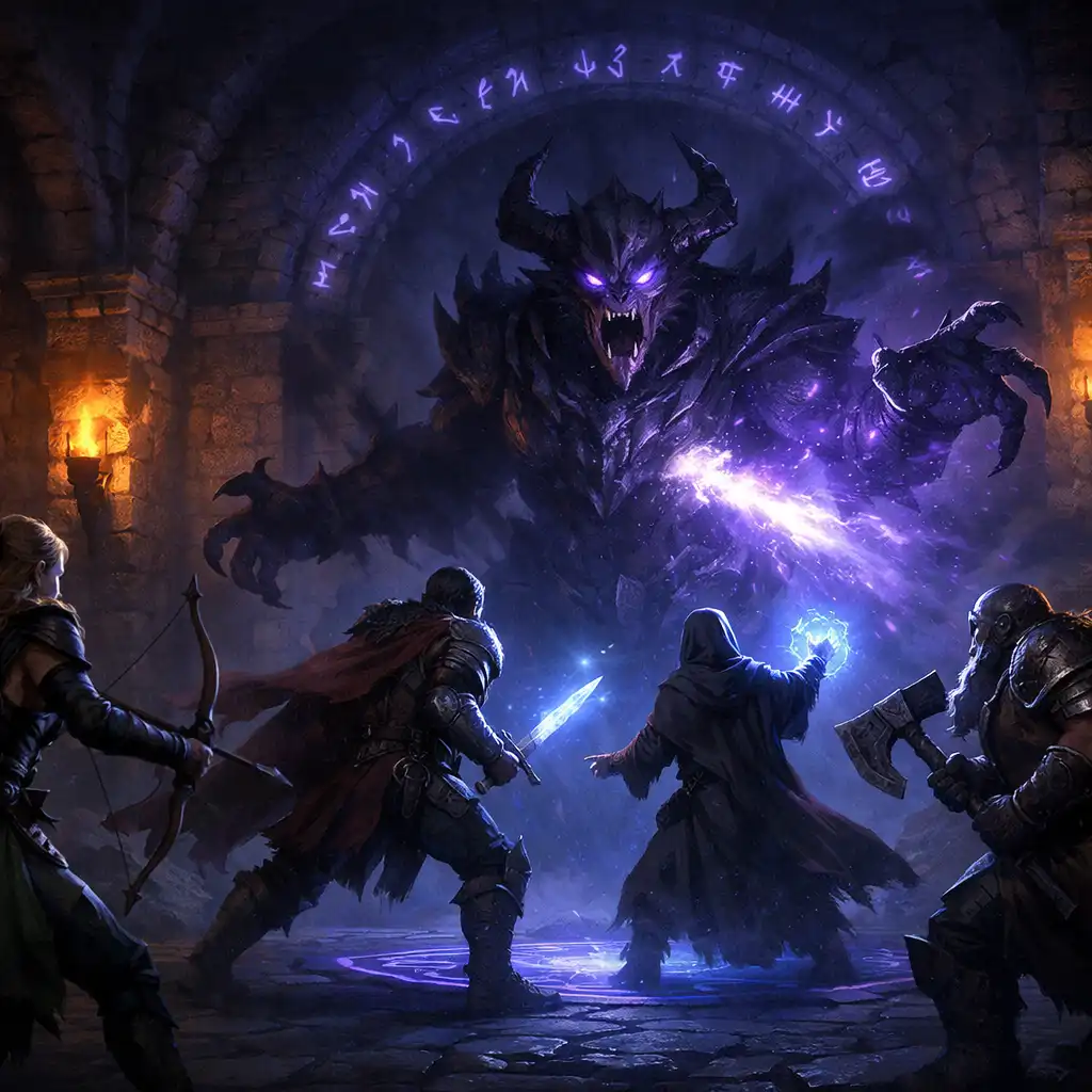Interiér temného dungeonu se skupinou hrdinů bojující s bossem