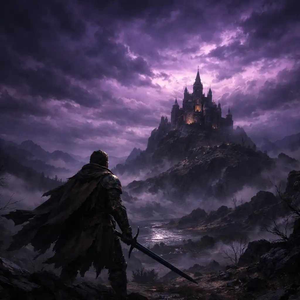 Tmavá fantasy krajina s hradem na kopci a hrdinou s mečem v popředí