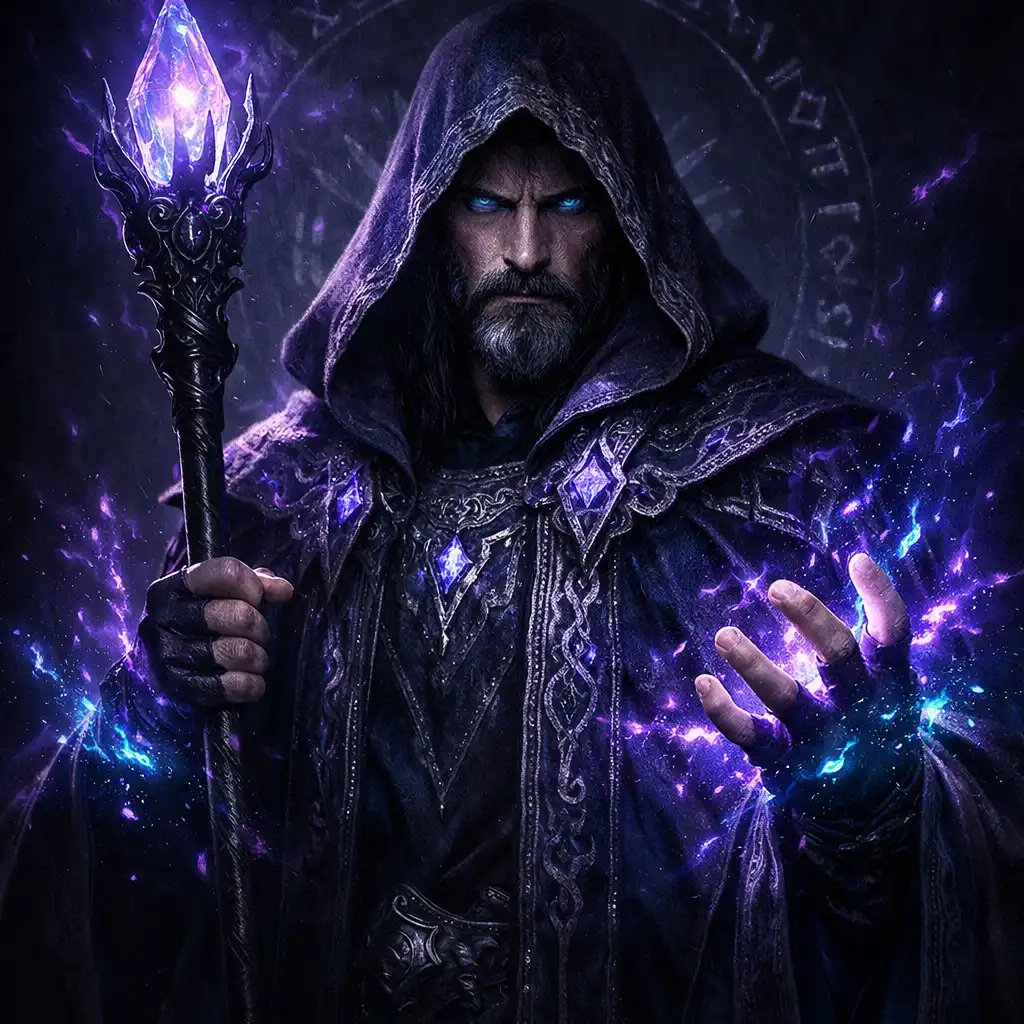Mág s holí a magickými jiskrami kolem rukou