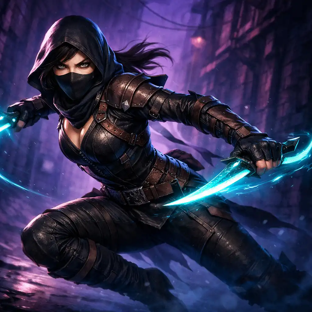 Rogue v kožené zbroji s dýkami a cyanovými světelnými efekty v dynamické pozici