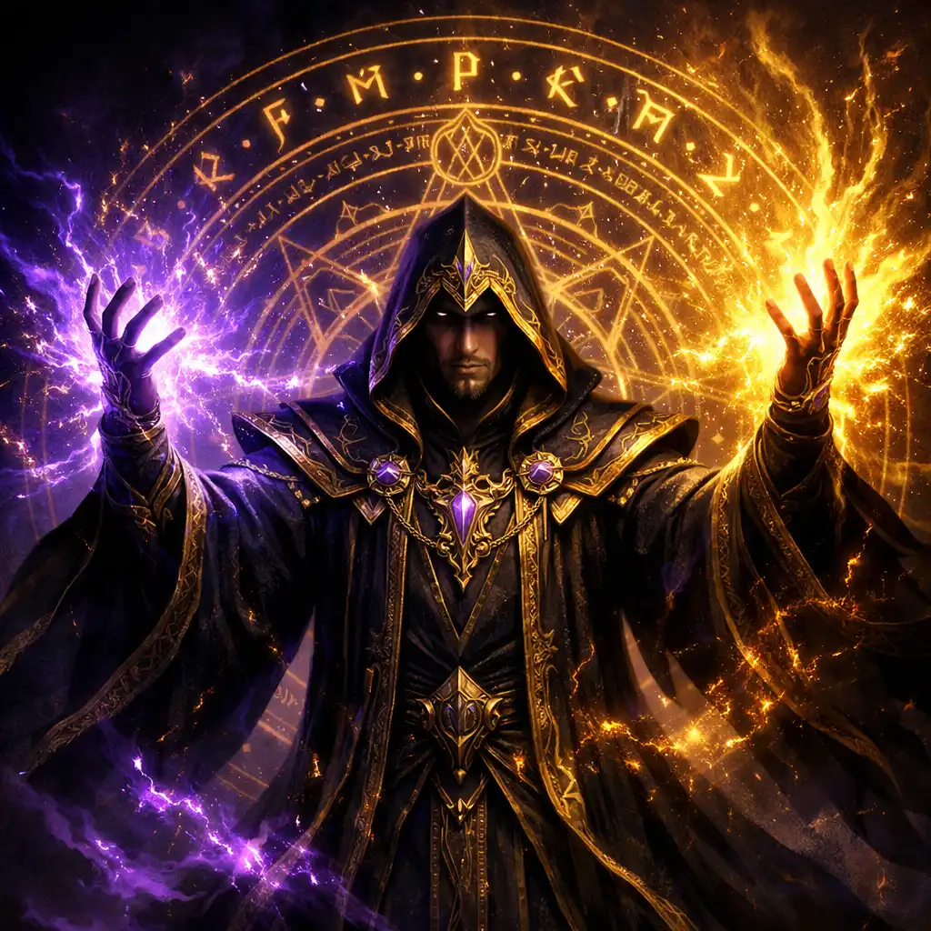 Sorcerer v magickém rouchu sesílající kouzlo s fialovou a zlatou energií