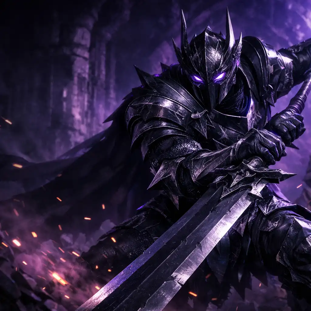 Bojovník v temné fantasy zbroji s velkým mečem v dynamické bojové póze